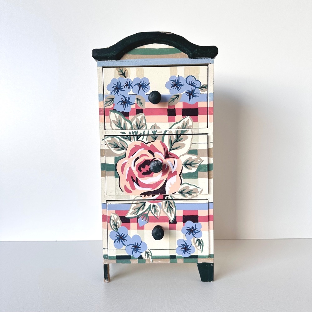 Vintage Floral Wooden Jewelry Box 3-Drawers Cottagecore Countrycore‎